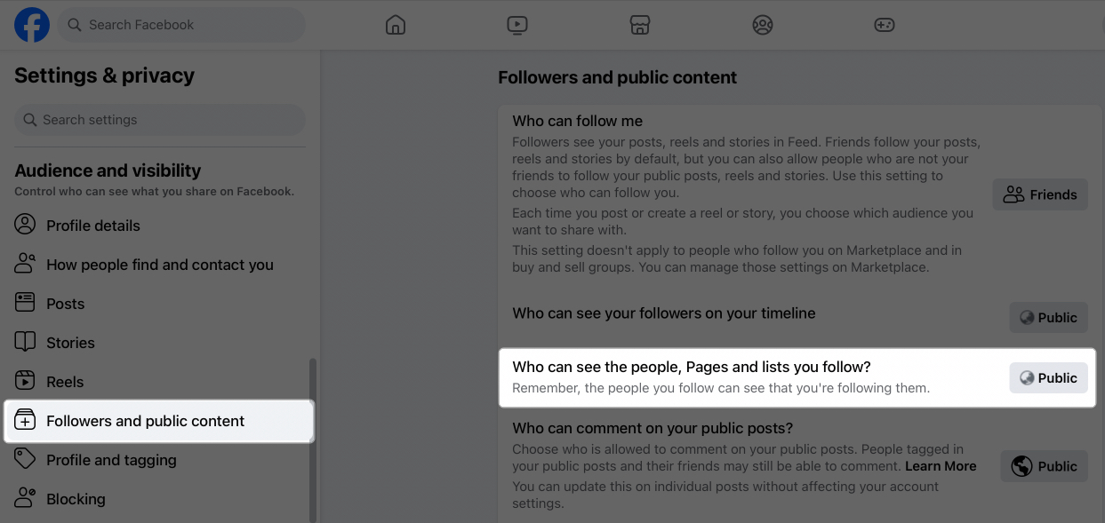 Select followers and public content click who can see the people pages and lists you follow