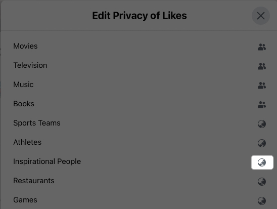 Select globe icon to edit likes privacy