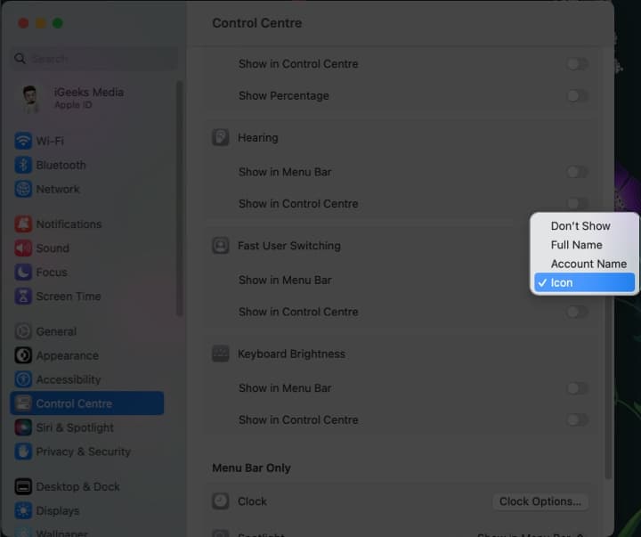 Select the position of user switching in settings