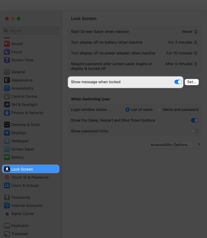 Access Lock Screen, toggle on Show message when locked, click set in settings