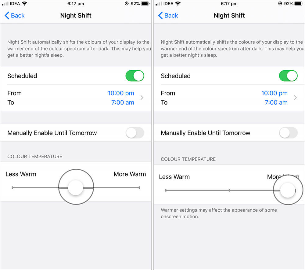 Adjust Less or More Warm Night Shift on iPhone