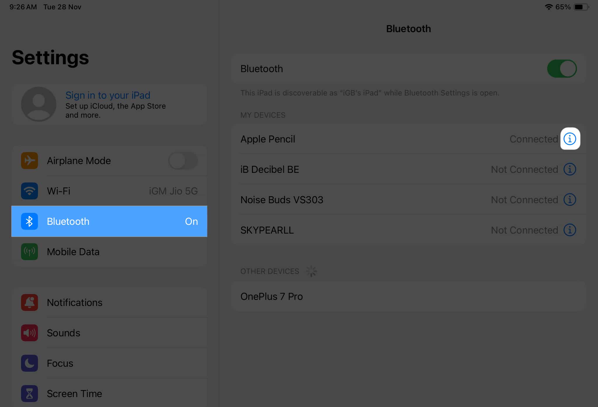 Bluetooth, Apple Pencil info icon