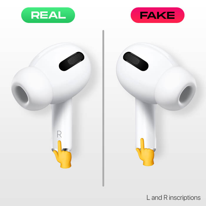 Check l and r inscriptions to spot fake airpods pro Check L and R inscriptions to spot fake AirPods Pro