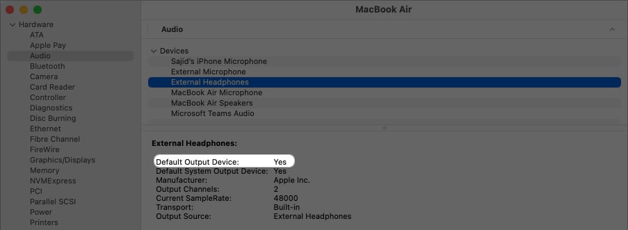 Check that Default output device is selected as Yes