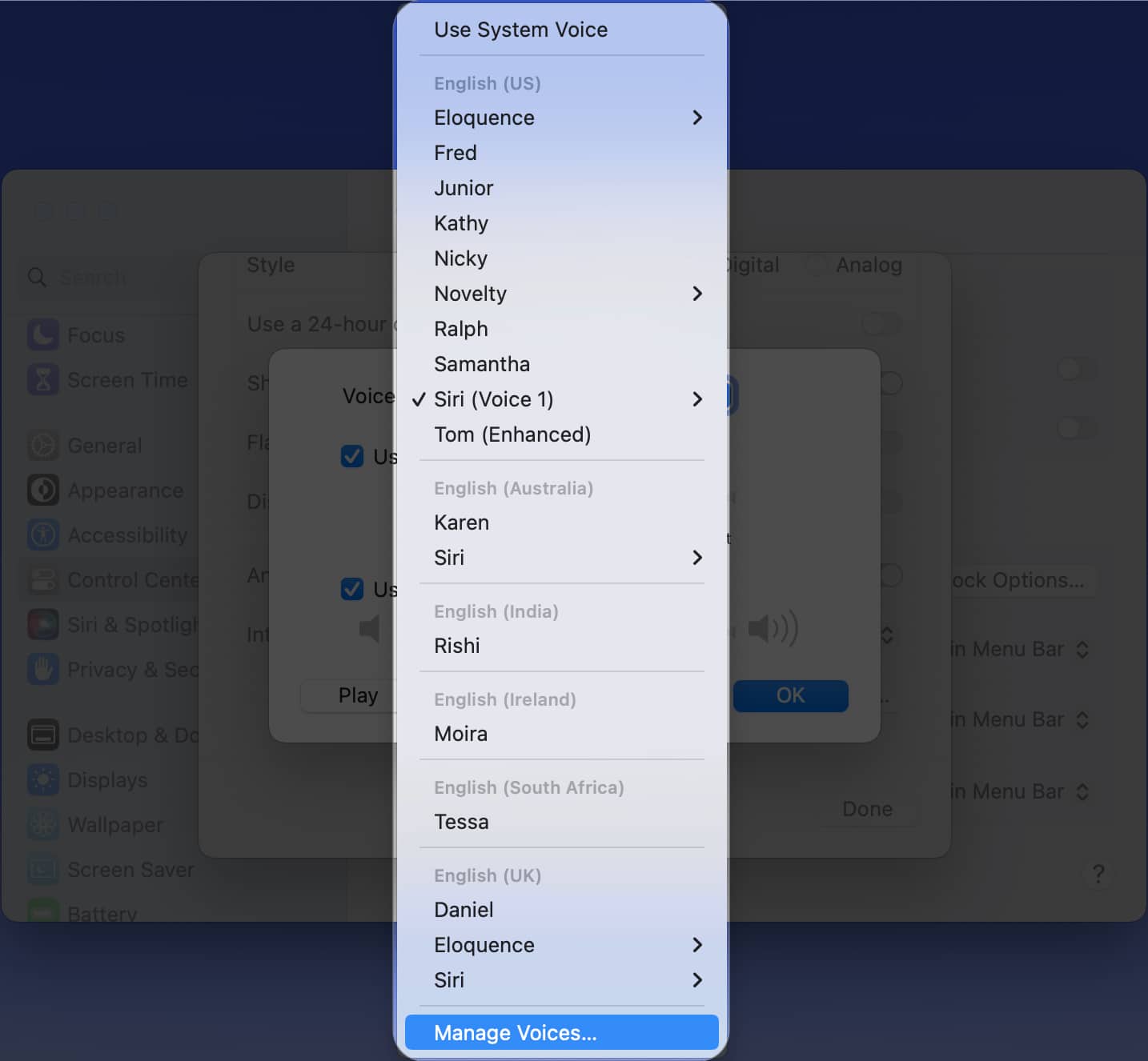 Choose Manage Voices in macOS Ventura