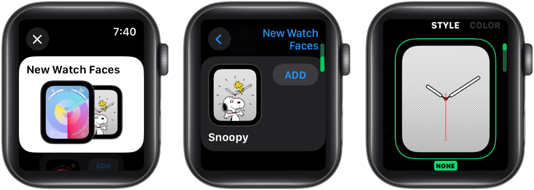 Choose New Watch Faces, scroll down and tap Add next to the Snoopy face, and customize the colors and style by swiping left and rotating the Digital Crown