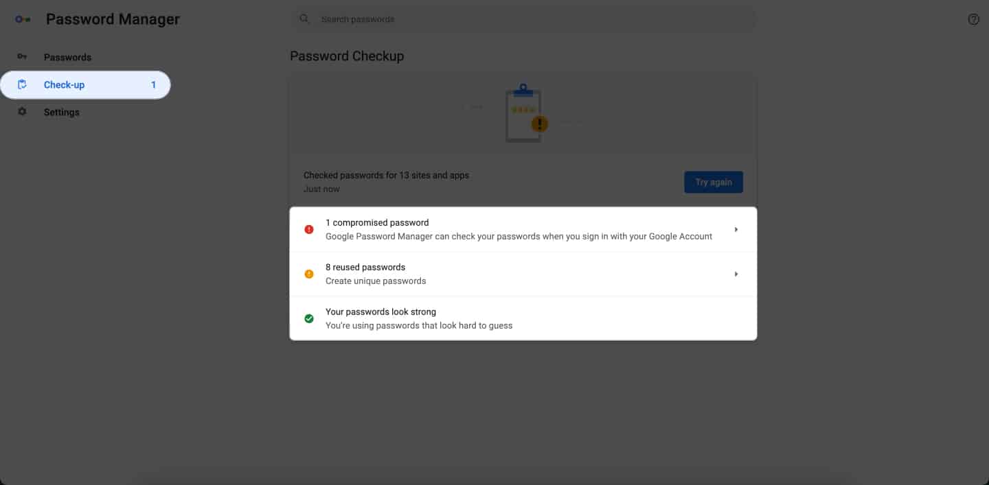 Click Check-up to monitor the password