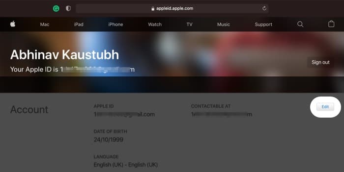 Click Edit under the Account section from Apple ID