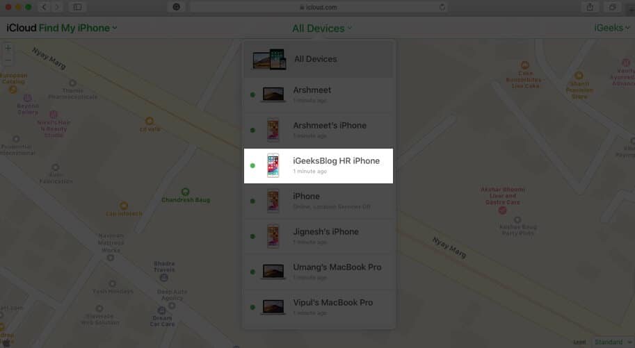 Click on device in find my iphone in icloud click on device in find my iphone in icloud