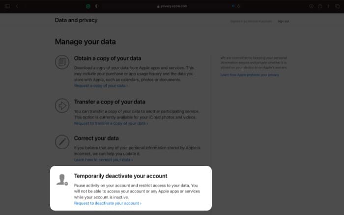 Click Request to deactivate your account on Mac