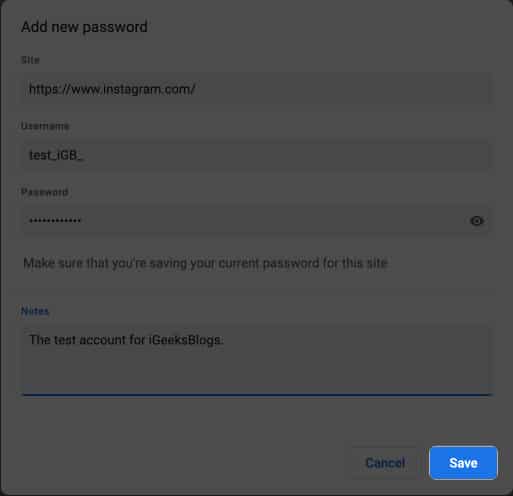Click Save to save instagram password in chrome