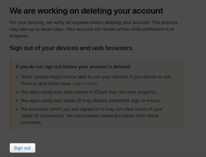Click Sign Out to delete Apple ID account