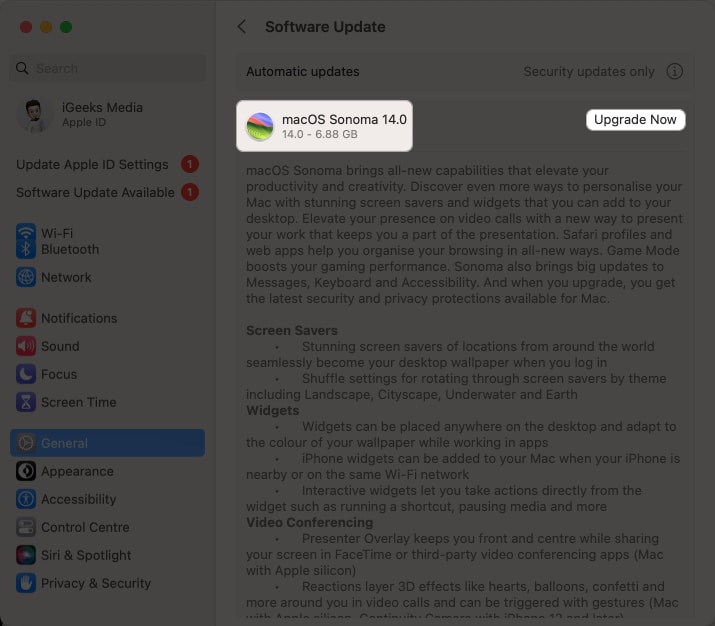 Click Upgrade Now to install macOS Sonoma