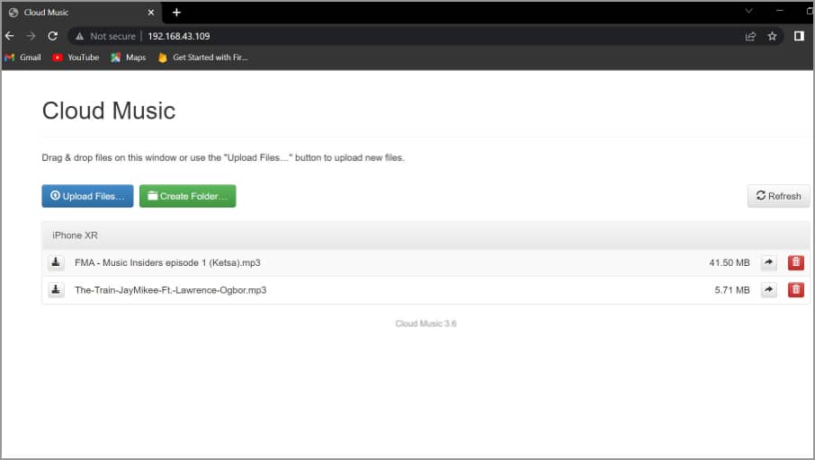 Cloud music local url web page interface Cloud Music local URL web page interface