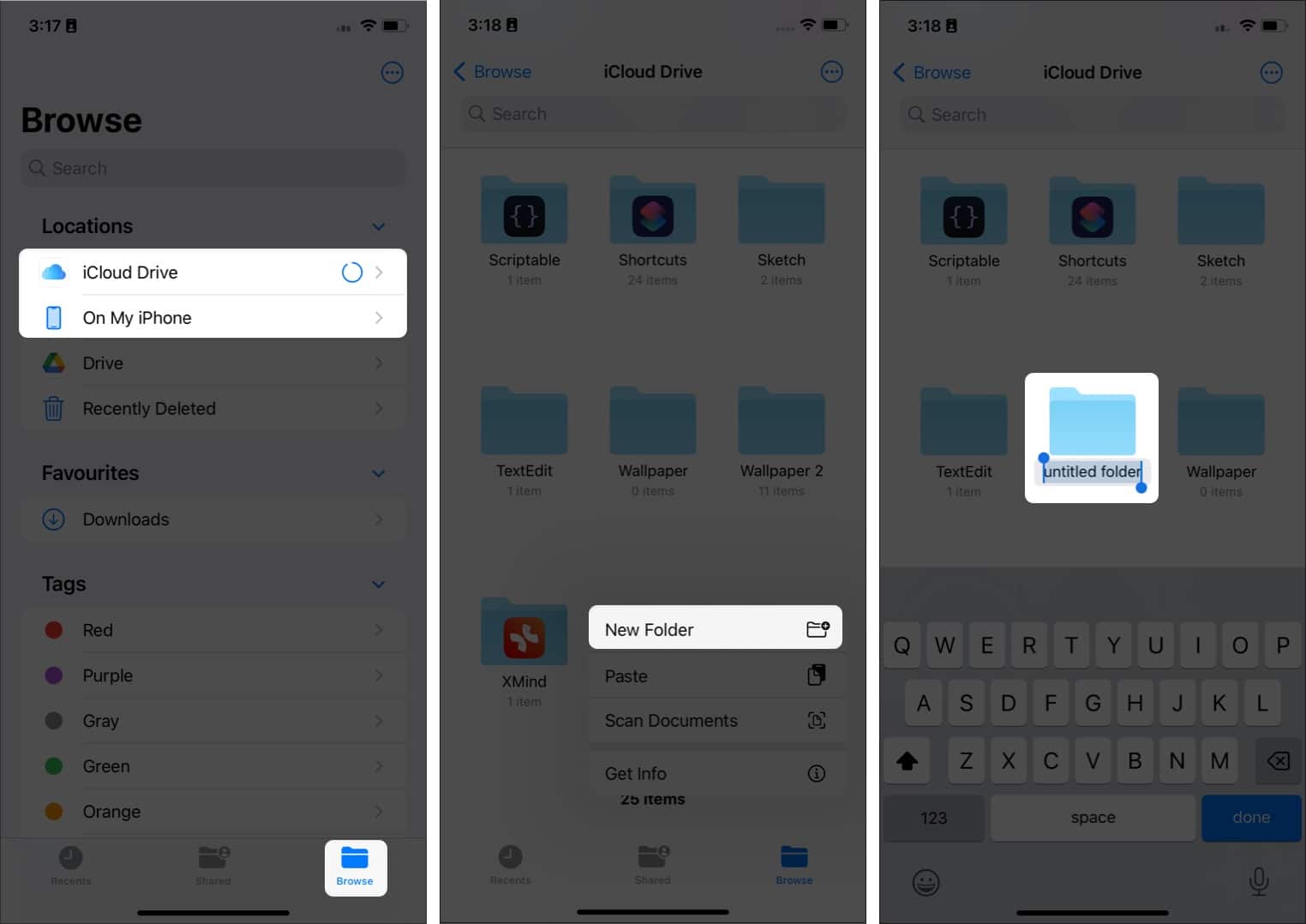 Creating folders in files app Steps to create a new folder in Files app on an iPhone