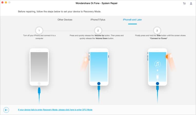 Dr fone system repair showing instructions to put iphone in recovery mode 764x450 1 Dr. Fone System Repair showing instructions to put iPhone in Recovery Mode