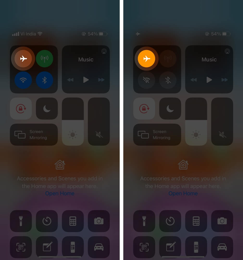 enable airplane mode from control center on iphone
