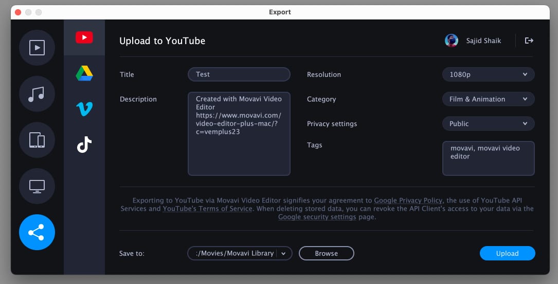 Export and upload to youtube and tiktok option in movavi video editor Export and Upload to YouTube and TikTok option in Movavi Video Editor