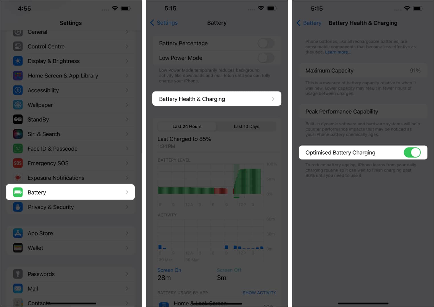 Go to Battery, select battery Health & Charging, toggle on Optimised Battery Charging