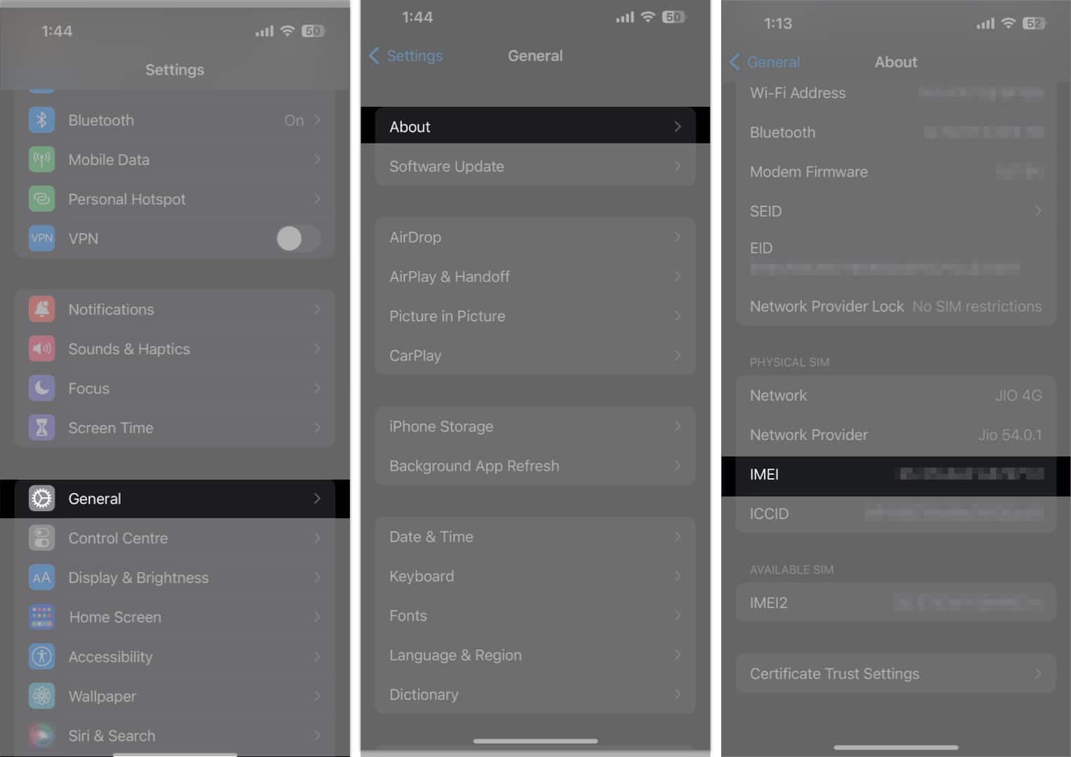Go to general, about, IMEI in Settings
