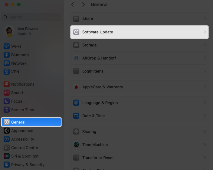 Go to general software update in mac settings go to general, software update in mac settings