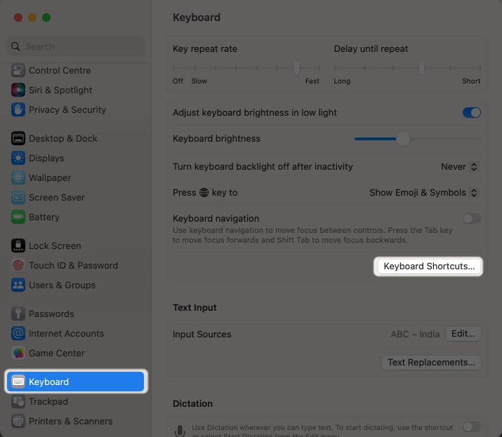 Go to Keyboard and select Keyboard Shortcuts