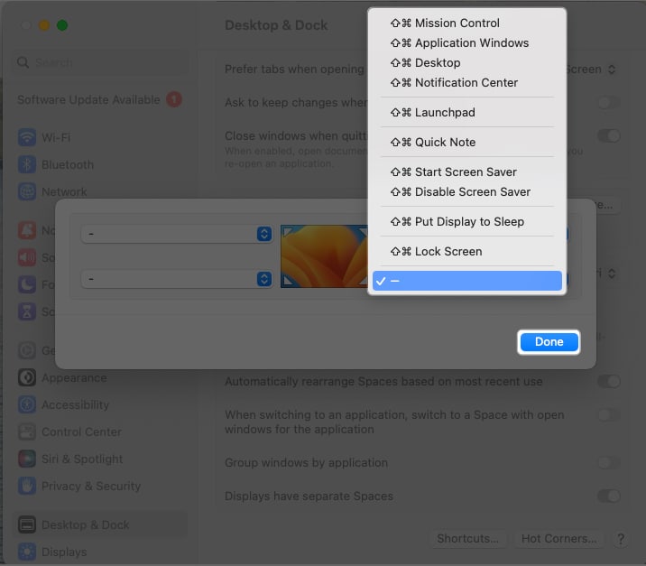 Hot corner to assign an action and Select Done