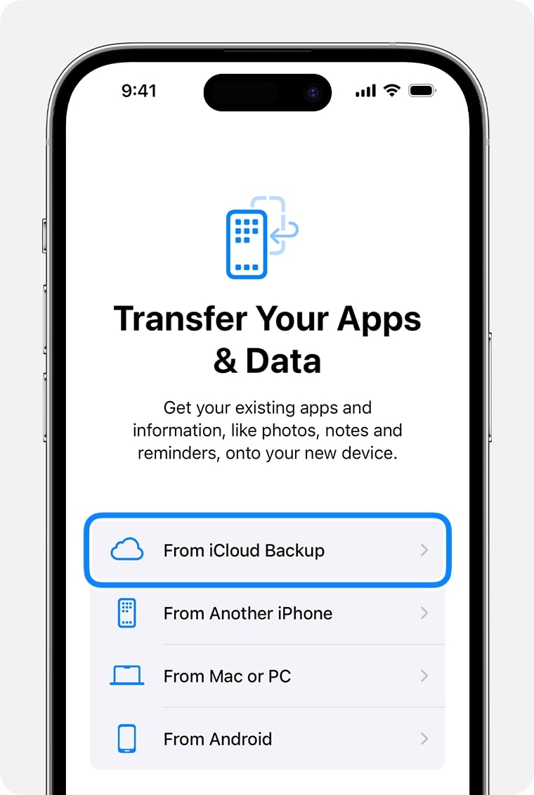 Ios 17 iphone 14 pro setup transfer your apps and data from icloud backup select from icloud backup from transfer apps and data page