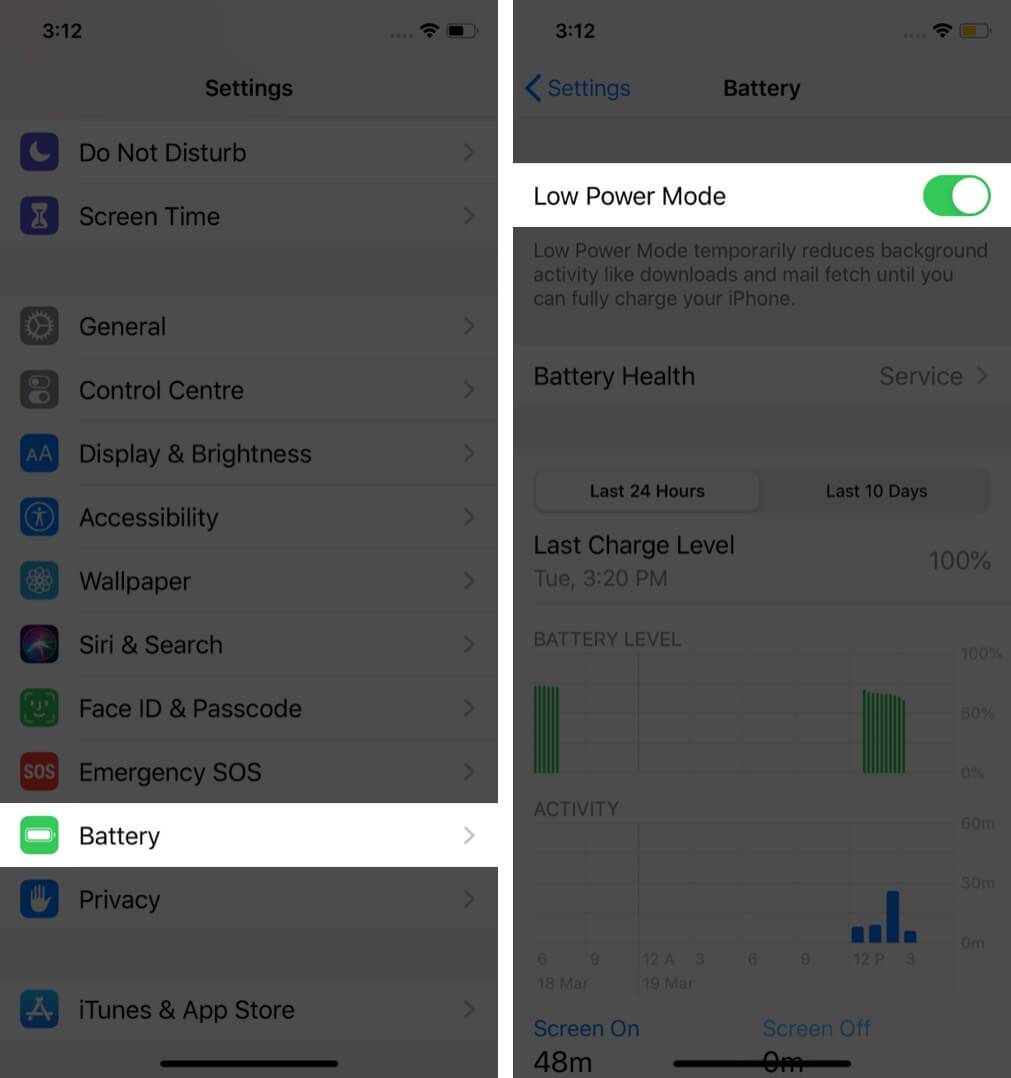 Launch settings tap on battery and turn on low power mode in ios 13 Launch Settings Tap on Battery and Turn On Low Power Mode in iOS 13