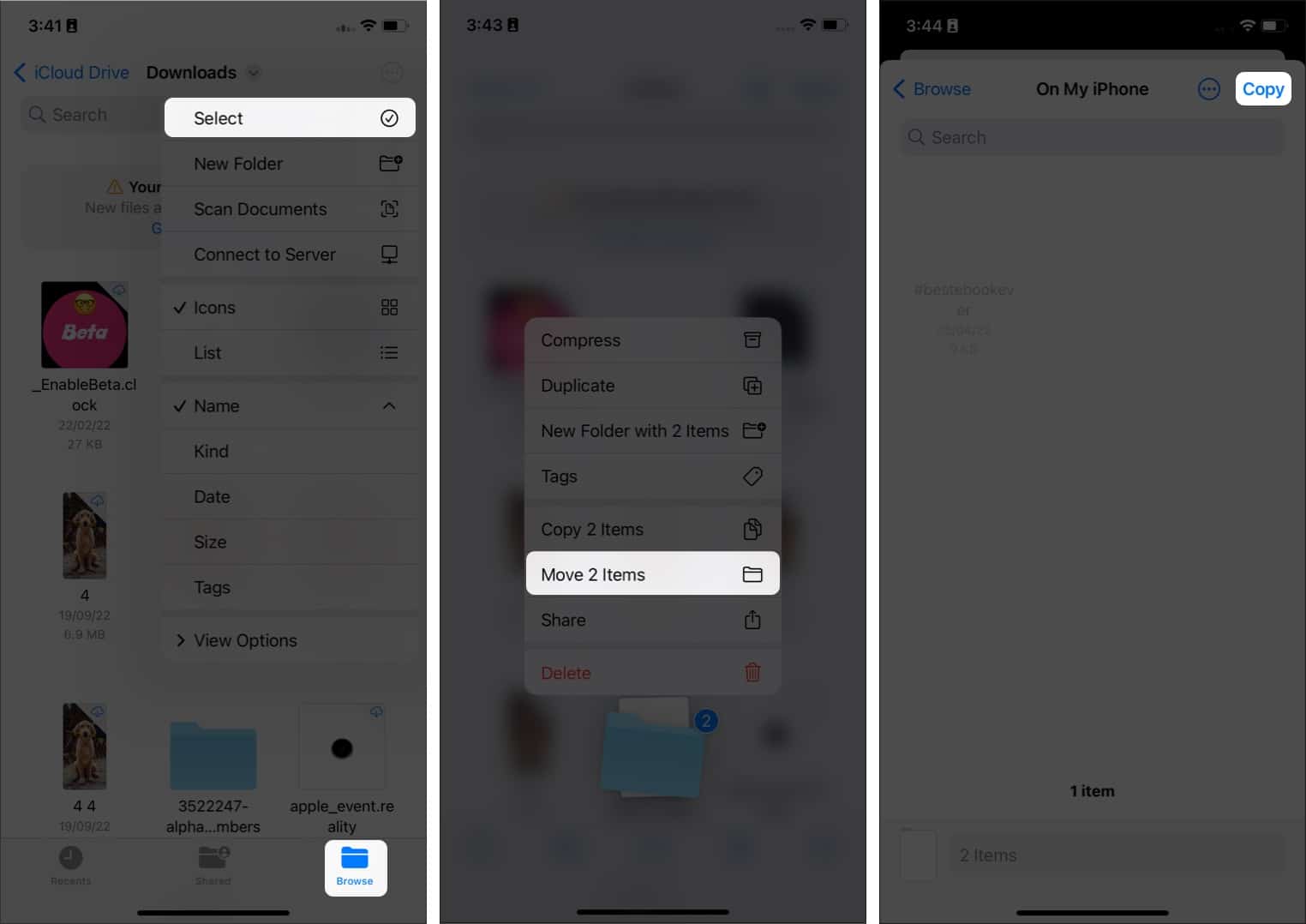 Moving files Moving multiple files in Files app on an iPhone