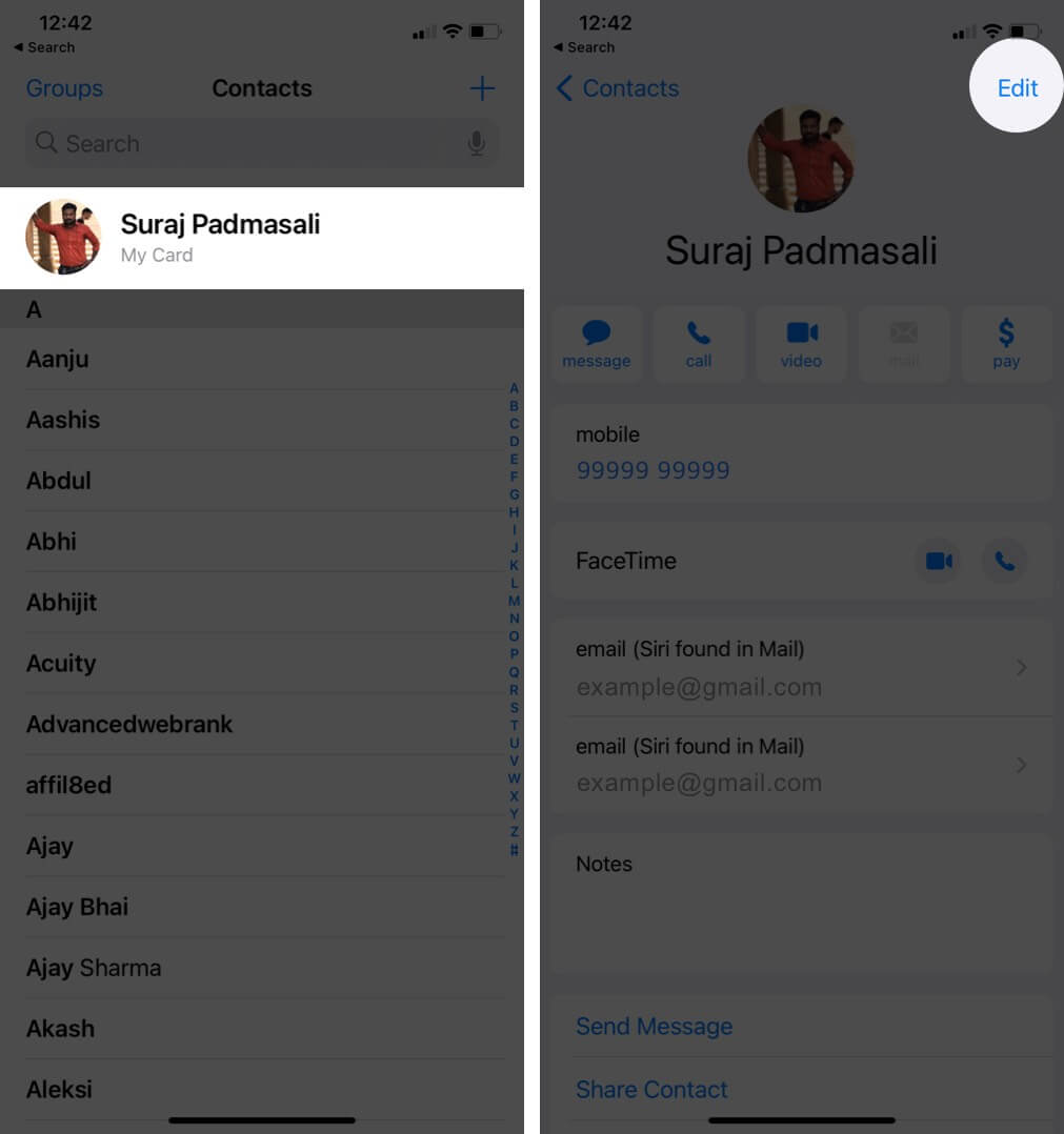 open contacts app tap on my card and then tap on edit on iphone