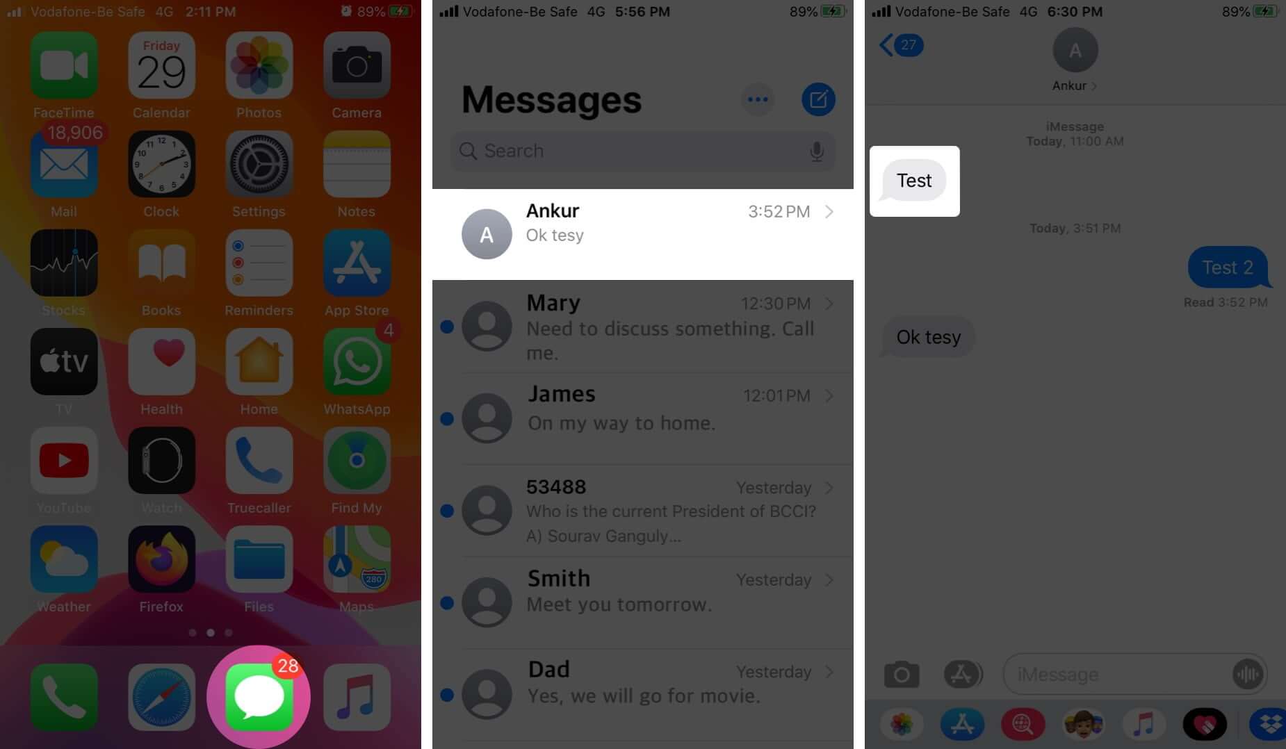 Open Messages App Tap on Conversation and Long Press on Message