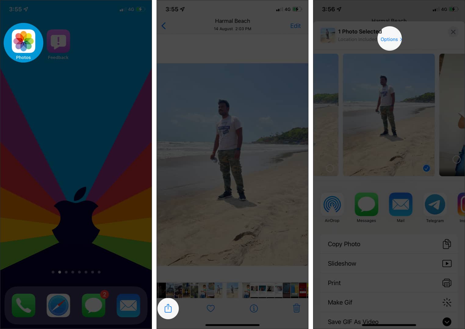 Open Photos app and select photo, tap on share and options