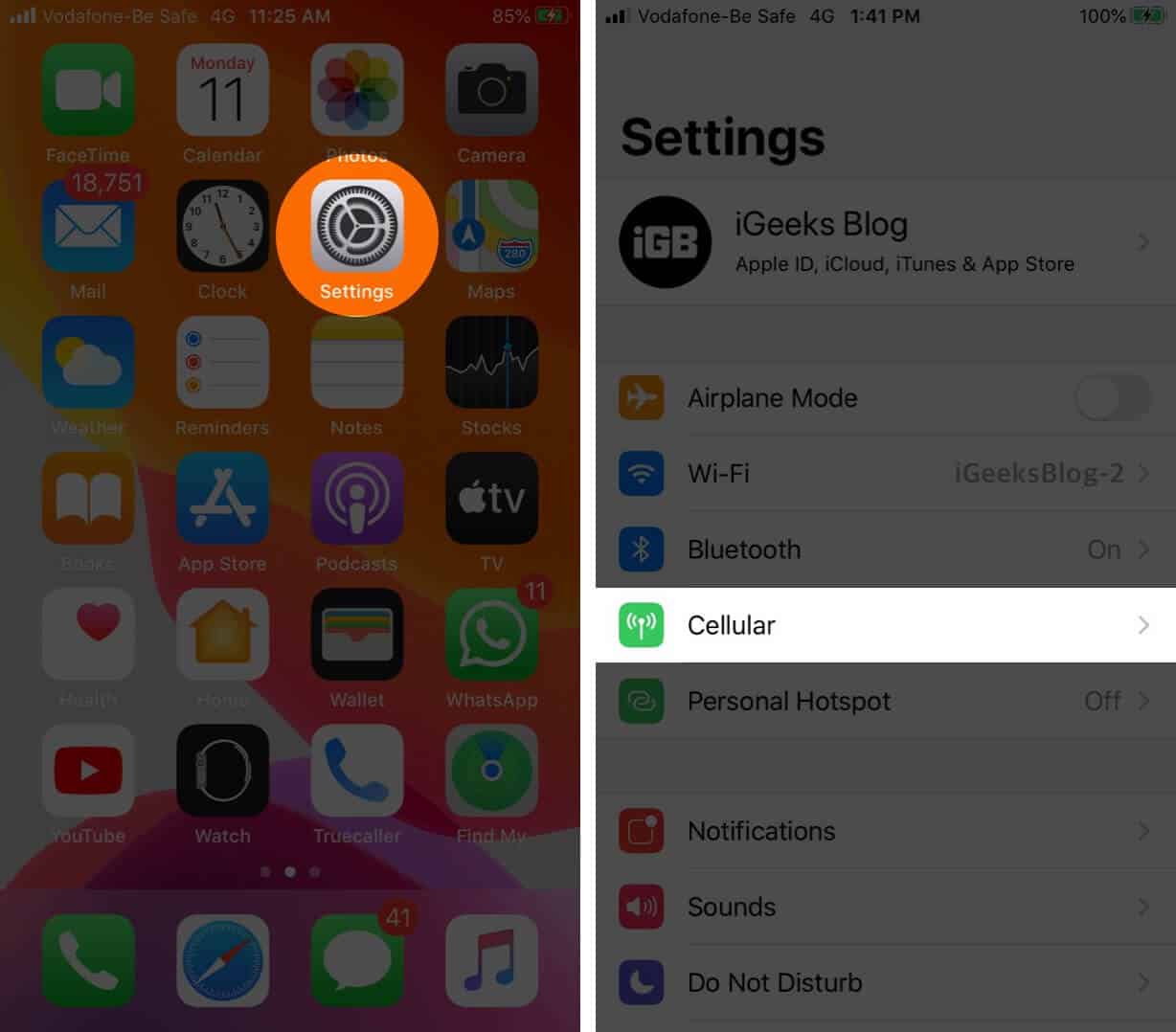 Open settings and tap on cellular Open Settings and Tap on Cellular