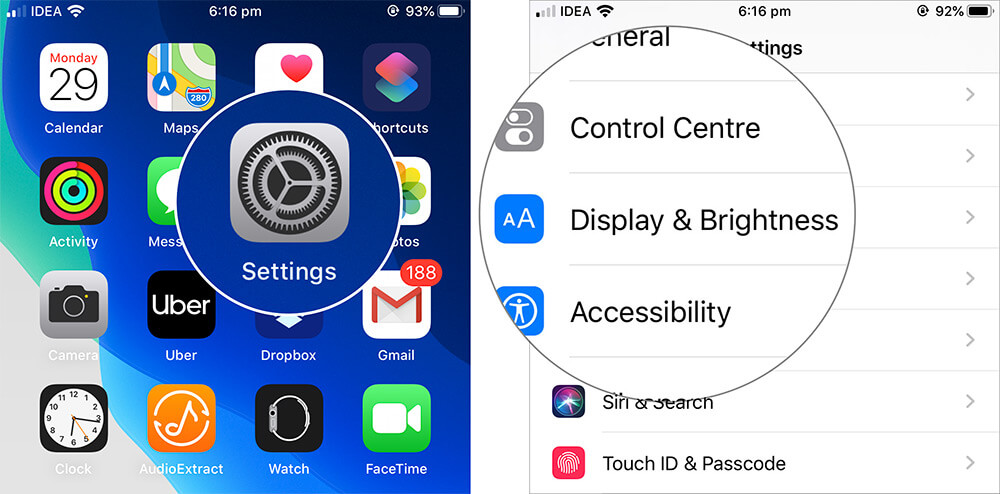 Open Settings on iPhone and Tap on Display and Brightness