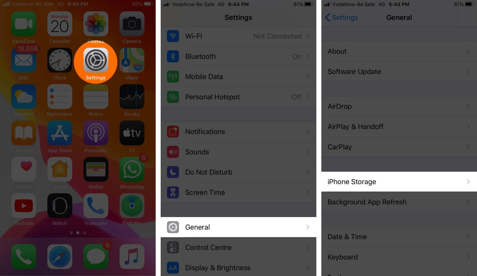 open settings tap on general and tap iphone storage