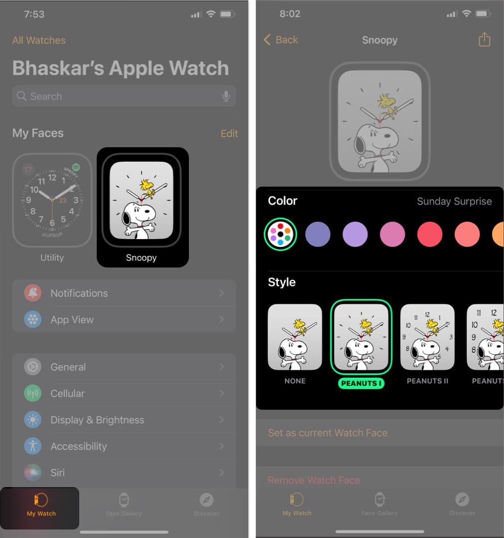 Open the Watch app, find Snoopy under My Faces, and pick the Color and Style you like