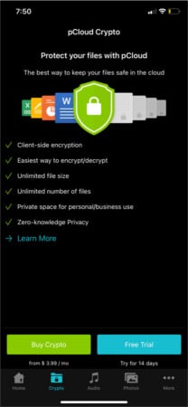 pcloud mobile crypto on iPhone