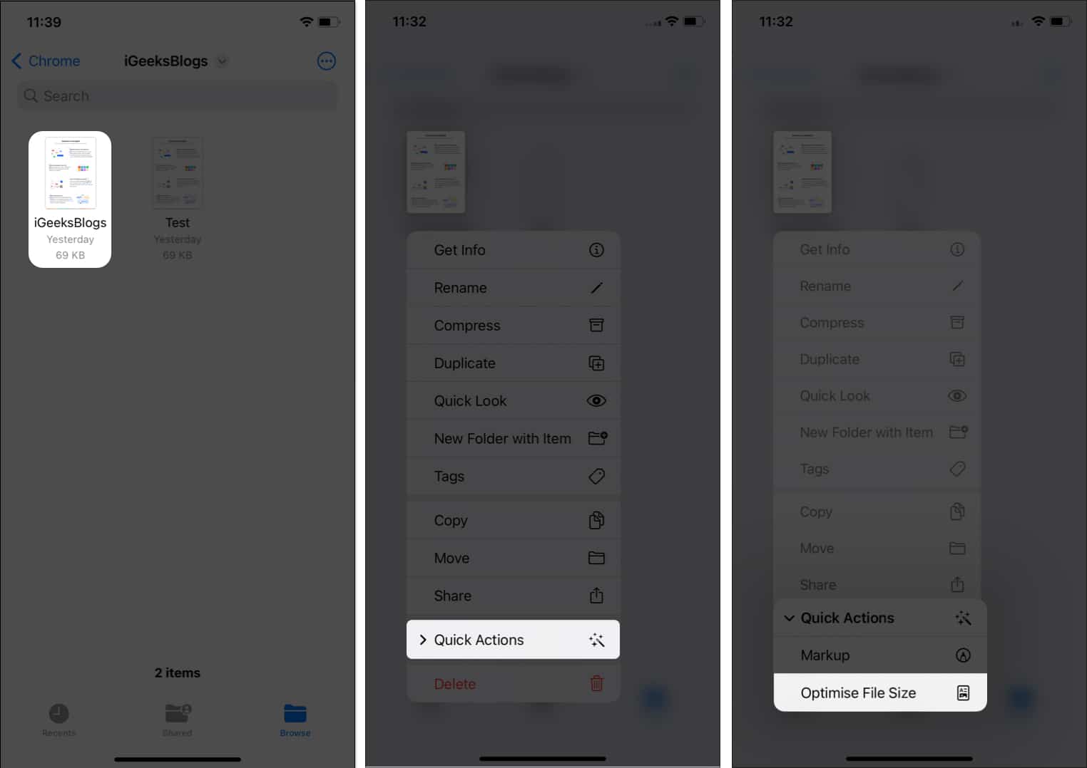 Quick Actions in Files app on iPhone