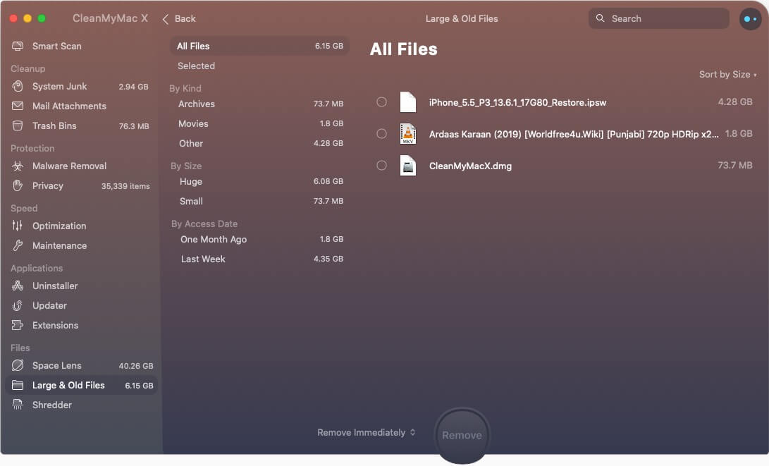 Remove large files and videos using CleanMyMac X Software