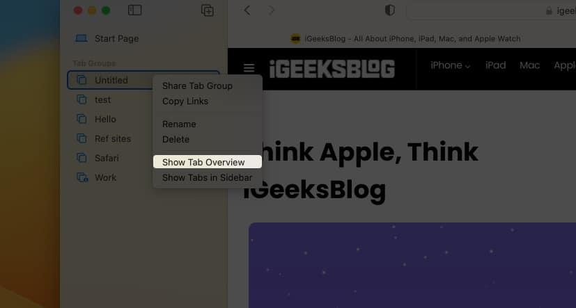 Safari tab overview View all tabs in a gridview by clicking Show Tab Overview in Safari on Mac