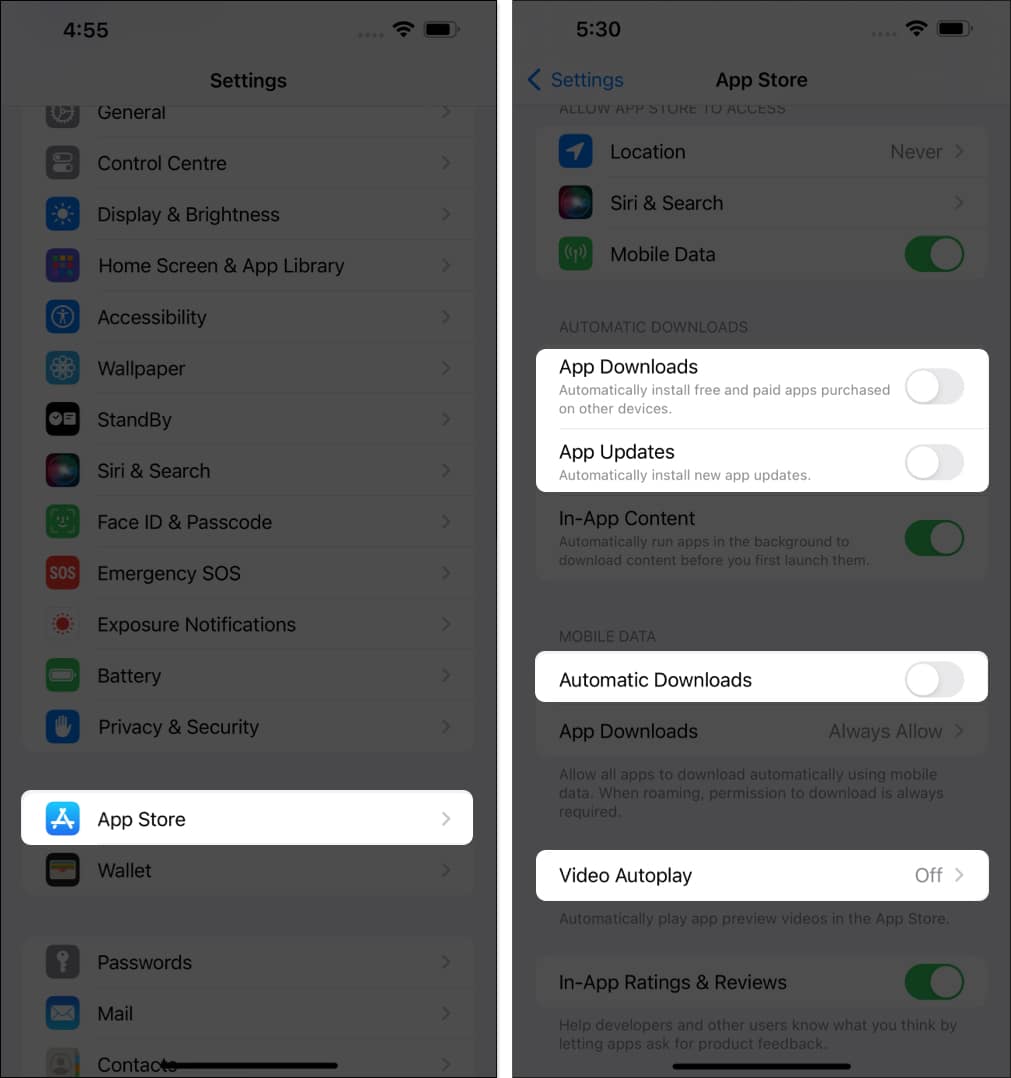 Select App Store, toggle off App Downloads, App Updates, Automatic Downloads, Video Autoplay