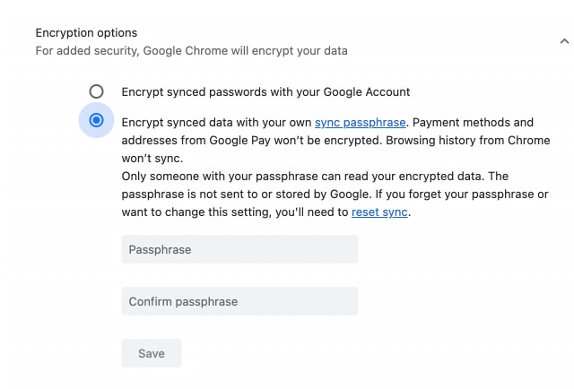 select encrypt synced data with passphrase in google settings