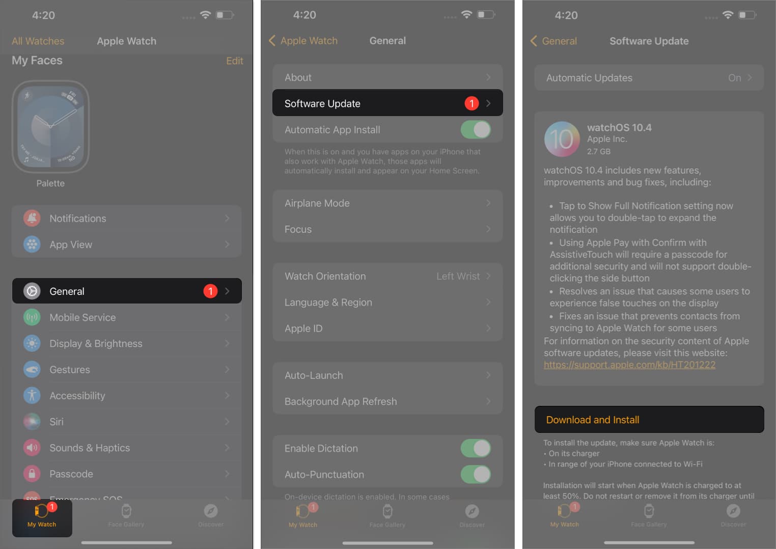 Select My Watch tab, tap on General, Software update and tap on Download and Install