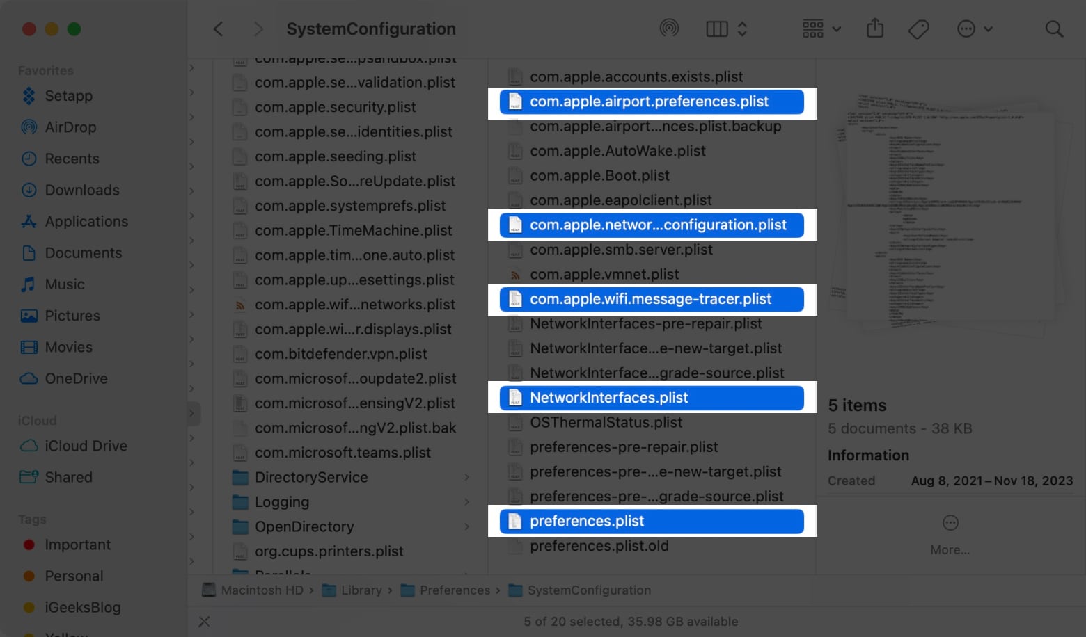 Select Network related files in the SystemConfiguration folder