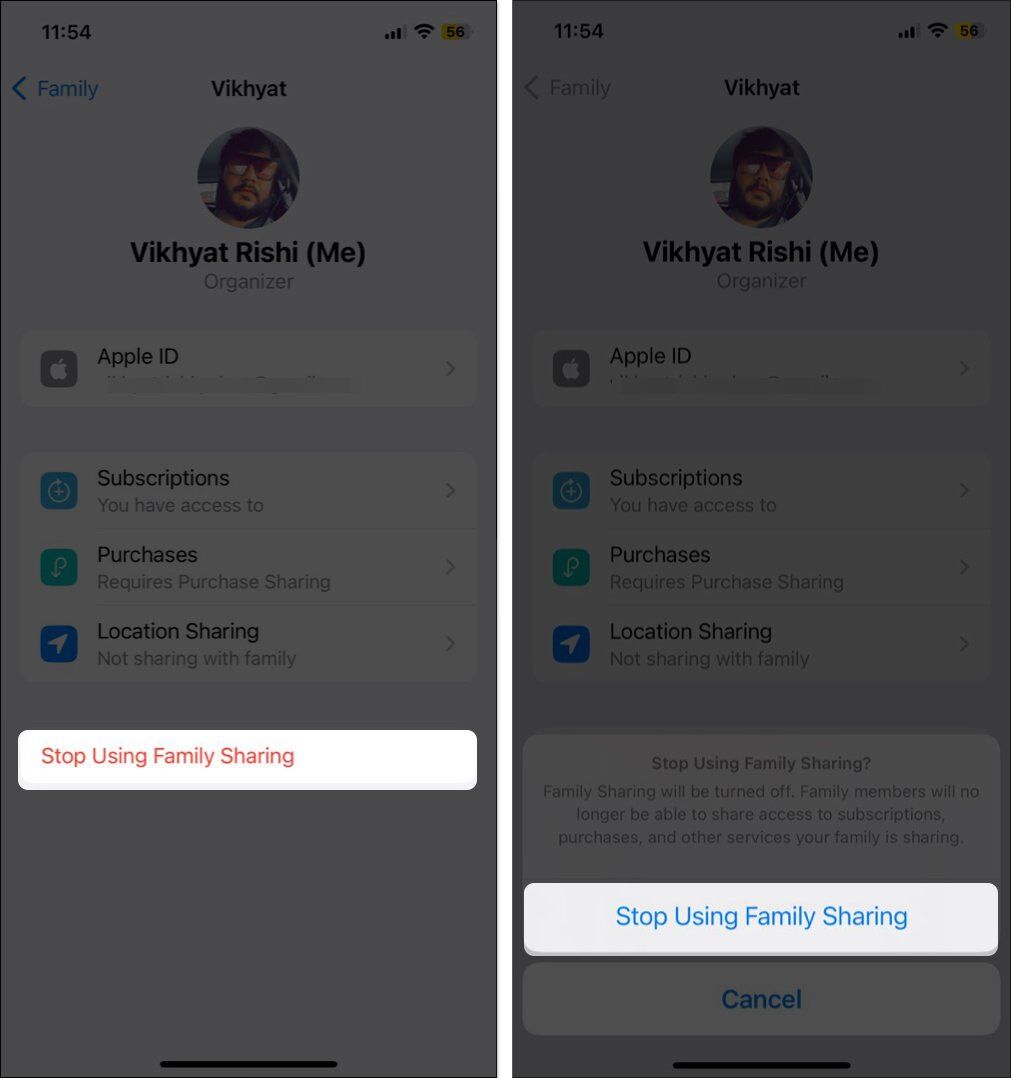 Select Stop Using Family Sharing and confirm it again by tapping on Stop Using Family Sharing