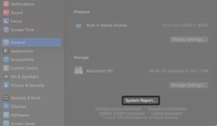 system report in general settings