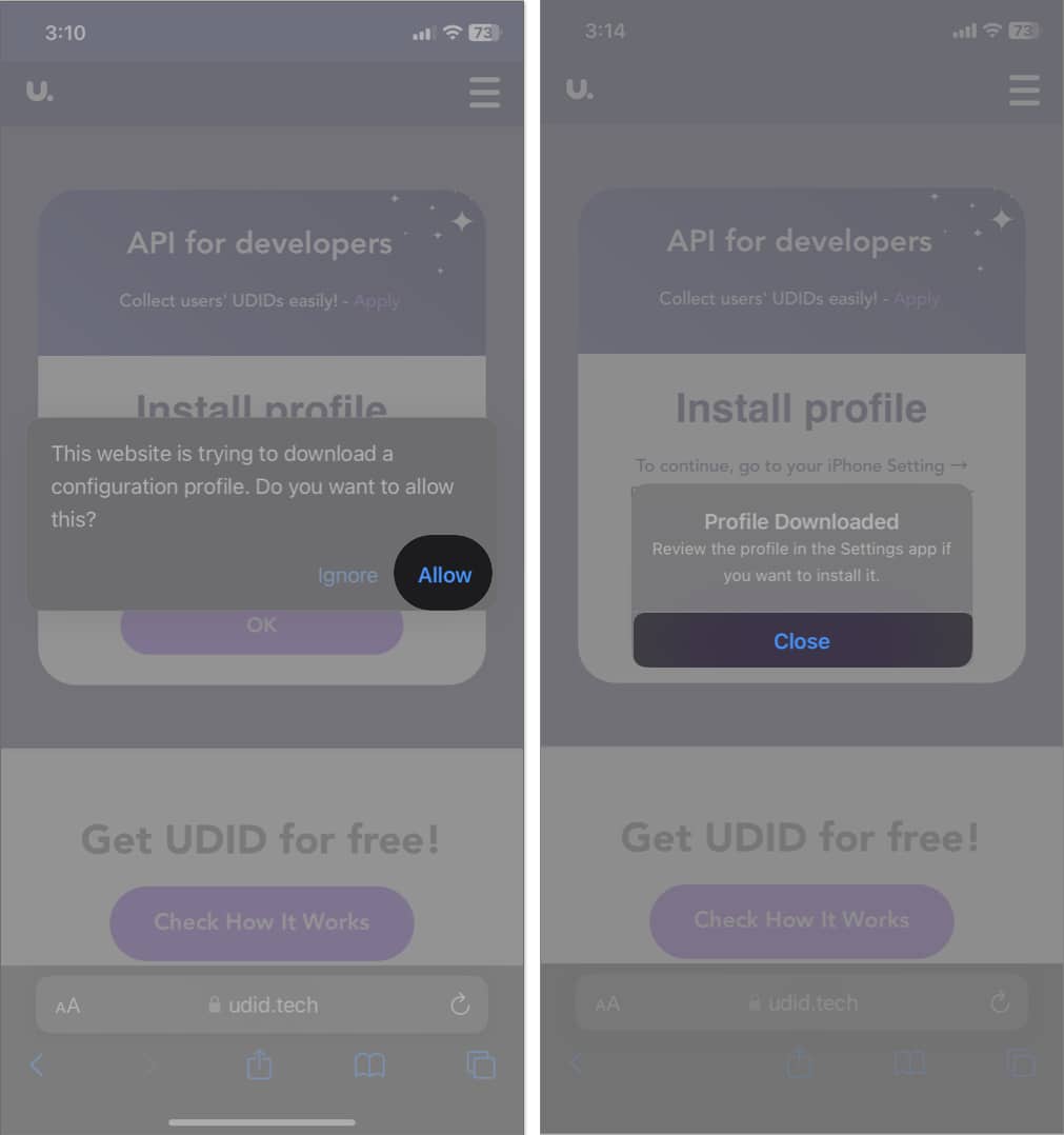 tap allow and close to download udid on iphone