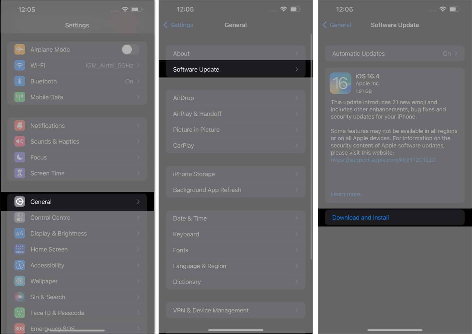 Tap general, software update, download & install in settings app