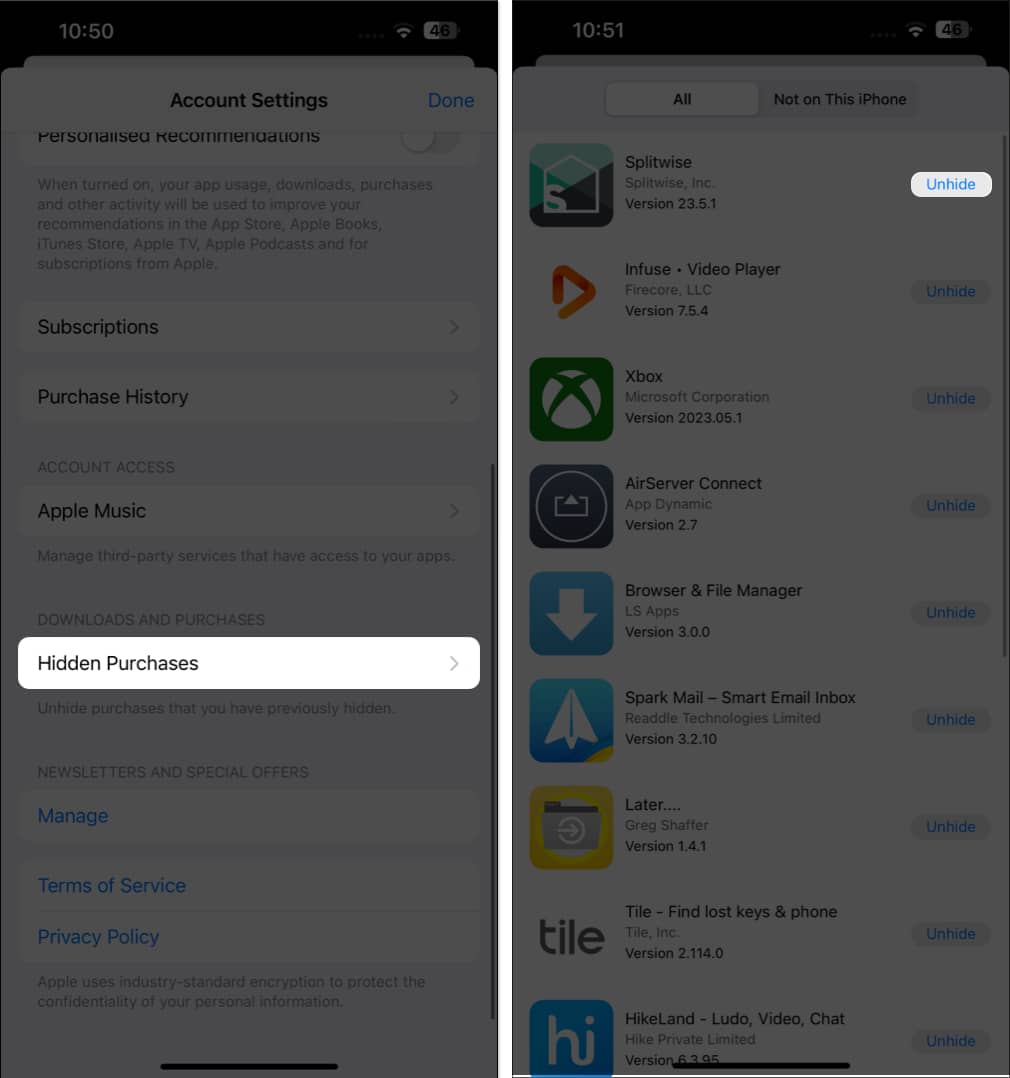 Tap hidden purchases, Unhide in App Store